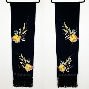 Vintage Ana Rosa Signed Black Scarf Shawl Mexico Art Hand Painted Crafted Fringe